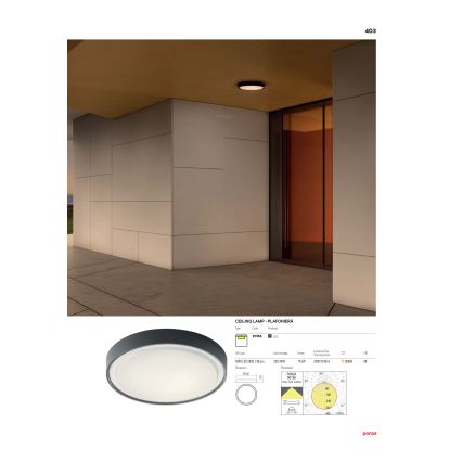 Redo 90155 - LED-ulkokattovalaisin PONZA LED/16W/230V halkaisija 26 cm IP65