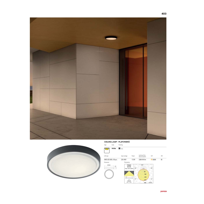 Redo 90155 - LED-ulkokattovalaisin PONZA LED/16W/230V halkaisija 26 cm IP65