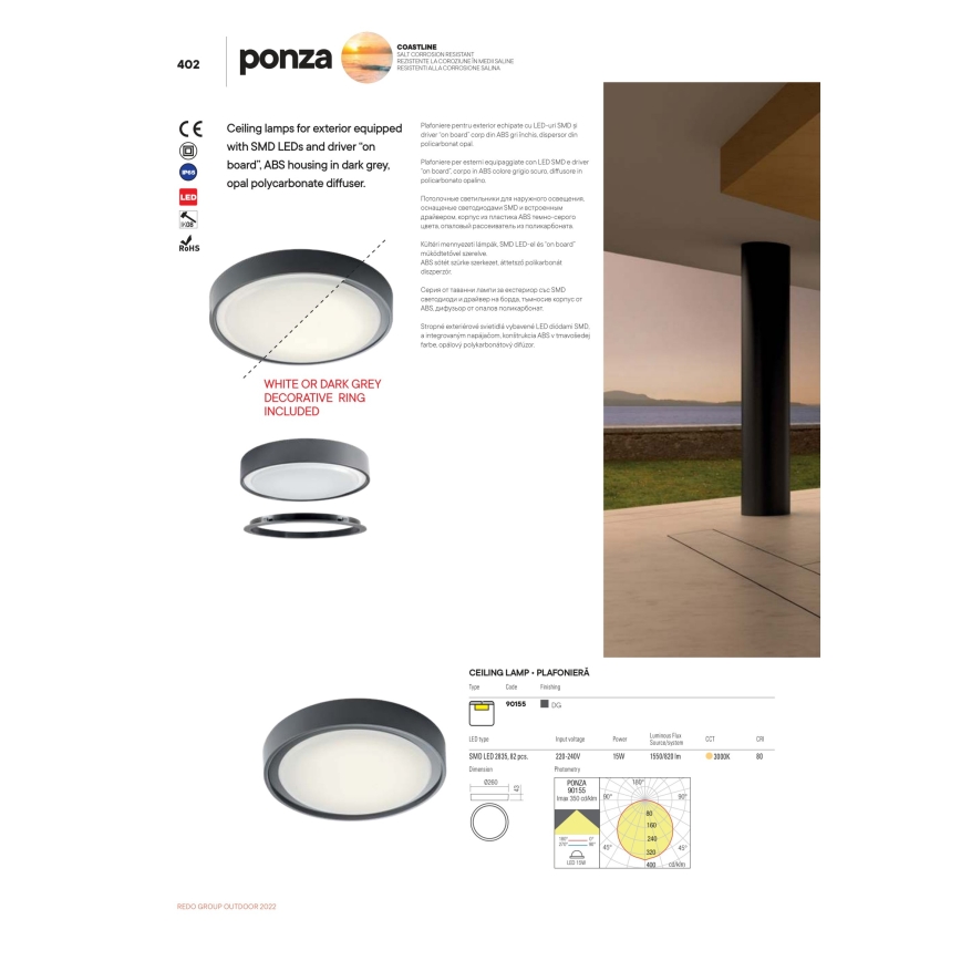Redo 90155 - LED-ulkokattovalaisin PONZA LED/16W/230V halkaisija 26 cm IP65