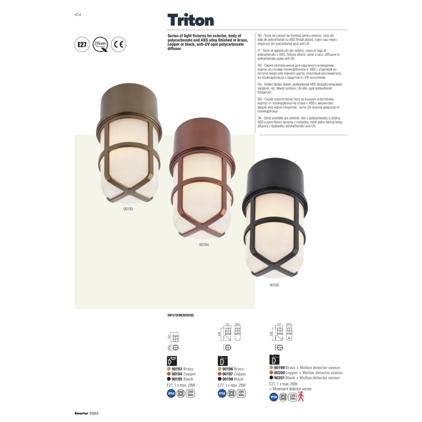 Redo 90193 - Ulkovalaisin TRITON 1xE27/28W/230V IP54 messinki