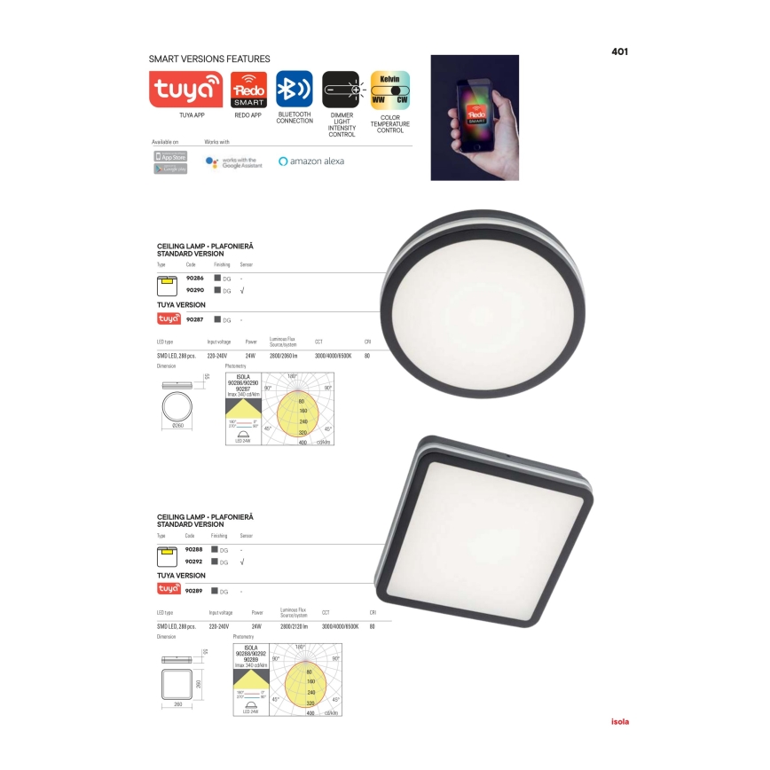 Redo 90288 - LED-ulkokattovalaisin ISOLA LED/24W/230V 26x26 cm 3000/4000/6500K IP54 antrasiitti