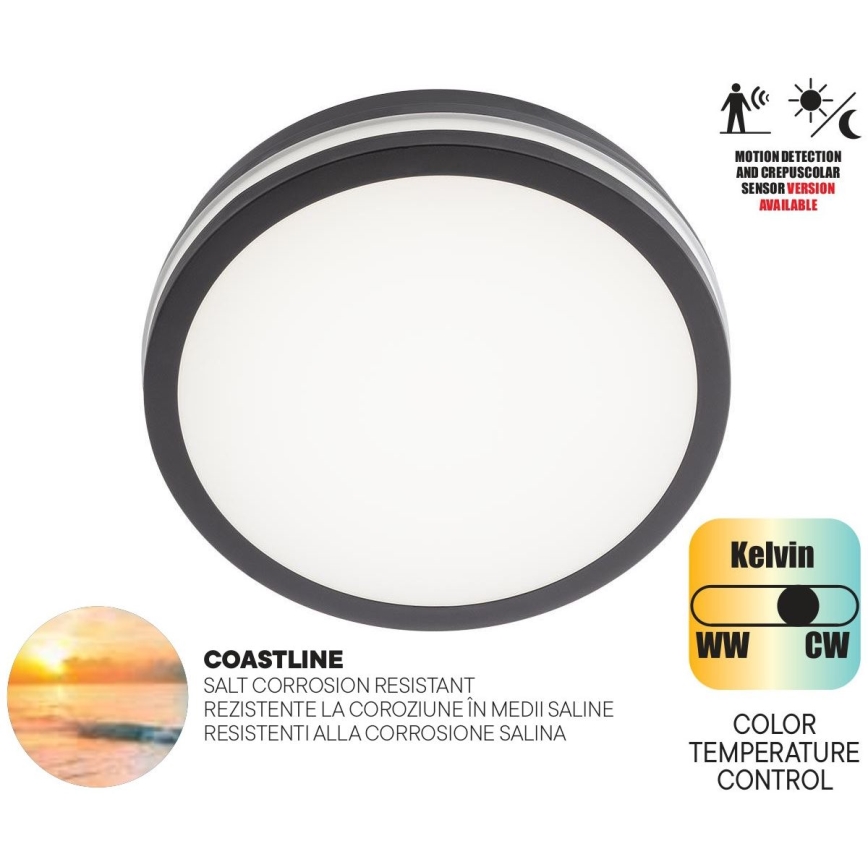 Redo 90290 - LED-ulkokattovalaisin anturilla ISOLA LED/24W/230V halkaisija 26 cm 3000/4000/6500K IP54 antrasiitti