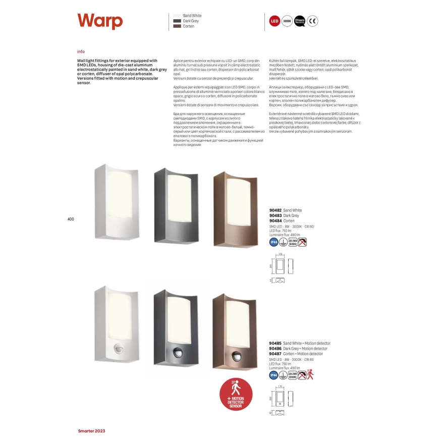 Redo 90486 - LED Ulkovalo anturilla WARP LED/8W/230V 3000K IP44 antrasiitti