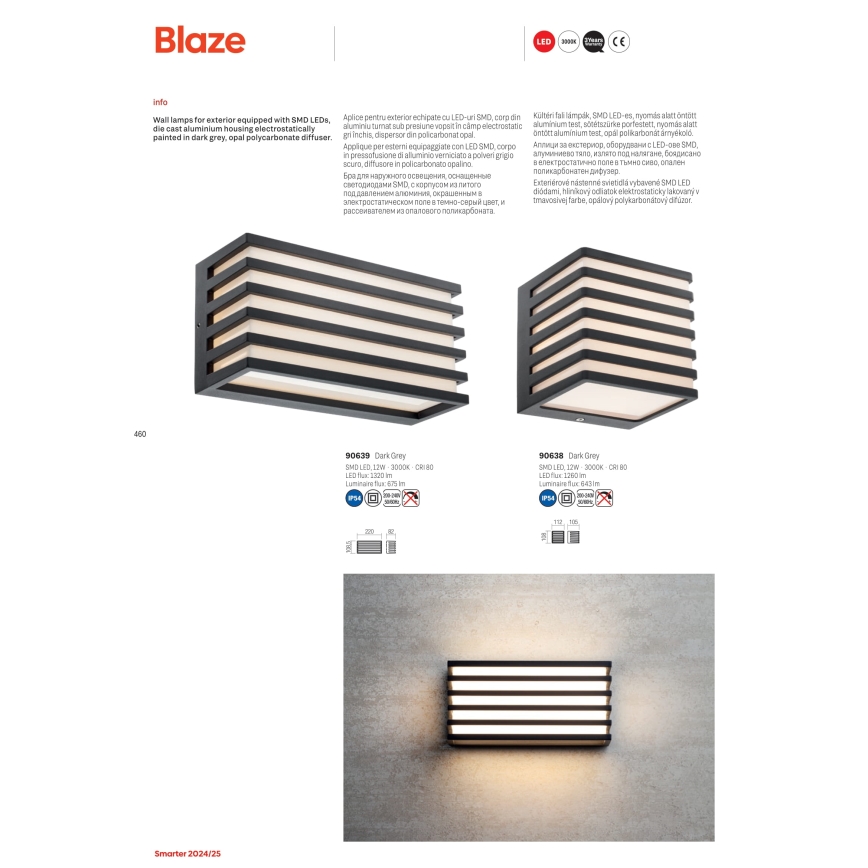 Redo 90639 - LED-ulkoseinävalaisin BLAZE LED/12W/230V 3000K IP54 antrasiitti