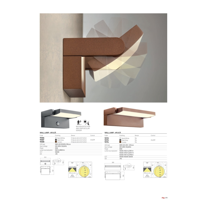 Redo 90716 - FLIP LED ulkoseinävalaisin, 40 W, 230 V, 3000/4000/5000 K, CRI 90, IP54, ruskea
