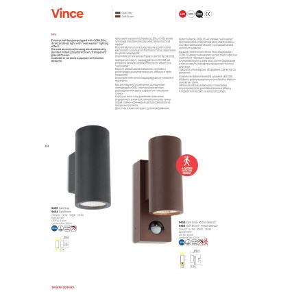 Redo 9455 - LED Ulkovalo anturilla VINCE 2xLED/3W/230V IP54 ruskea