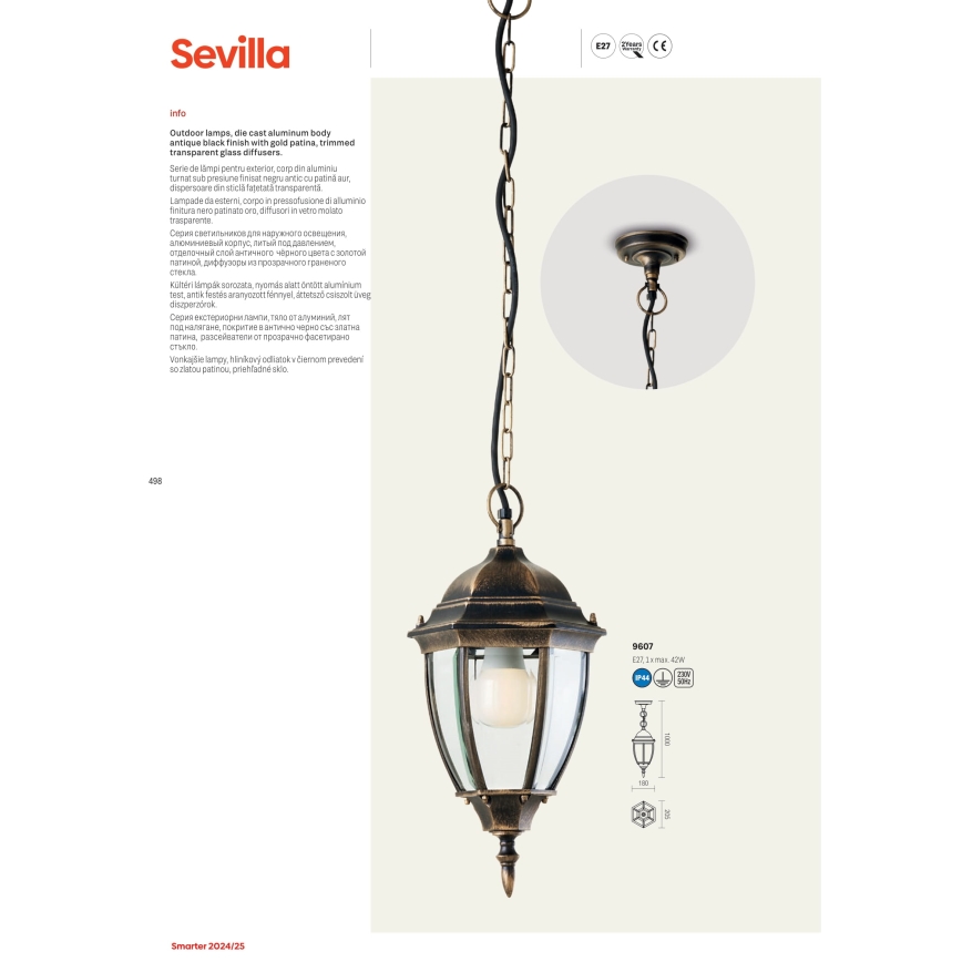 Redo 9607 - Ulkokattokruunu ketjulla SEVILLA 1xE27/42W/230V IP44 kulta/patina