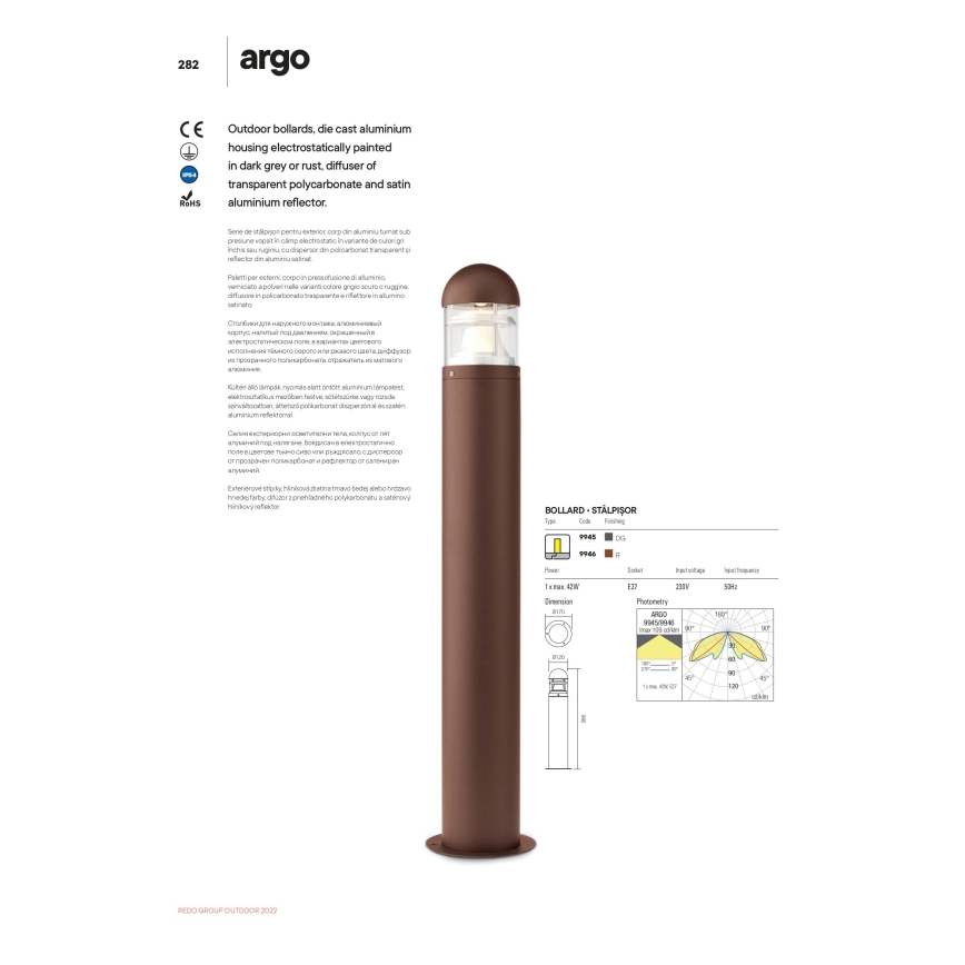 Redo 9946 - Ulkovalaisin ARGO 1xE27/42W/230V IP54 ruskea