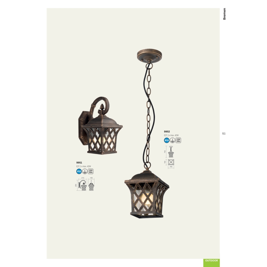 Redo 9951 - Ulkoseinävalaisin BREMEN 1xE27/42W/230V IP23 kulta/patina