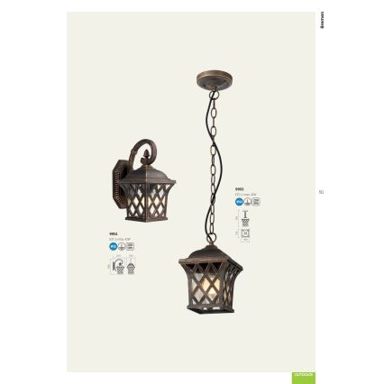 Redo 9952 - Ulkokattokruunu ketjulla BREMEN 1xE27/42W/230V IP23 kulta/patina