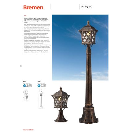 Redo 9961 - Ulkovalaisin BREMEN 1xE27/42W/230V IP23 kulta/patina