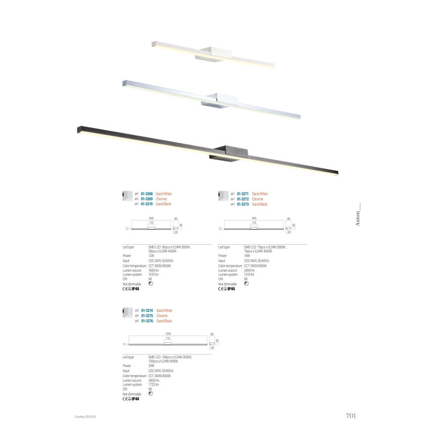 Redo01-3270 - Kylpyhuoneen LED-peilivalo ASTON LED/12W/230V 60 cm CRI 90 IP44 musta
