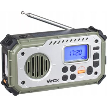 Retkiradio käsikampilla, aurinkopaneelilla ja LED-taskulampulla, jossa virtapankkitoiminto 5V/3xAAA/2000 mAh, IPX4, vihreä