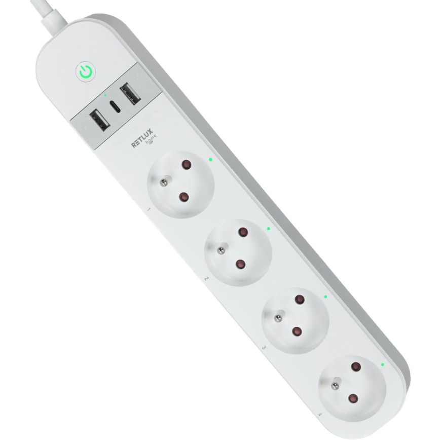 Älykäs jatko kaapeli kytkimellä 4Z Tyyppi E + 2x USB-A + 1x USB-C 1,5m Wi-Fi Tuya valkoinen