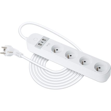 Älykäs jatko kaapeli kytkimellä 4Z Tyyppi E + 2x USB-A + 1x USB-C 1,5m Wi-Fi Tuya valkoinen