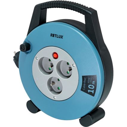 Retlux - Jatkojohto kelalla, 3 pistorasiaa, tyyppi E, 10 m, sininen/musta
