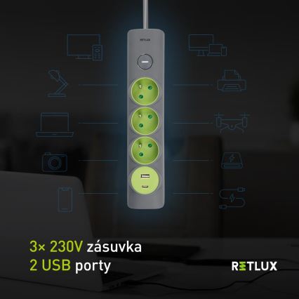 Retlux – jatkojohto kytkimellä, 3 pistorasiaa, tyyppi E + 1 x USB-A + 1 x USB-C, 1,4 m, harmaa