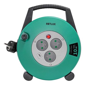 Retlux - kelallinen jatkojohto, 3 pistorasiaa, Tyyppi E, 10 m, vihreä/musta