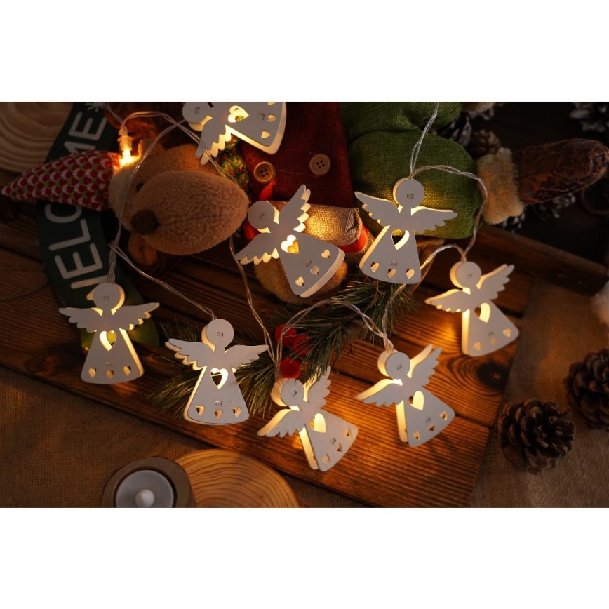 LED-jouluketju 10xLED/2xAA/lämpimänvalkoinen 2m enkelit