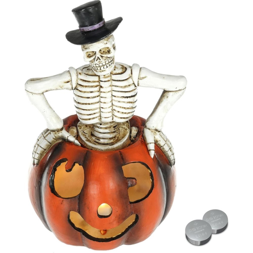 LED Koriste HALLOWEEN LED/2xLR44/lämpimänvalkoinen luuranko kurpitsassa hartsi