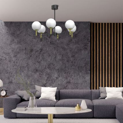 Riippukattokruunu AWINION 6xE27/15W/230V valkoinen/kulta/musta