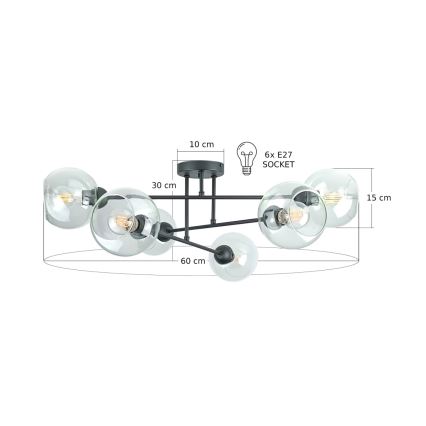 Riippukattokruunu VASCO 6xE27/60W/230V musta/läpinäkyvä
