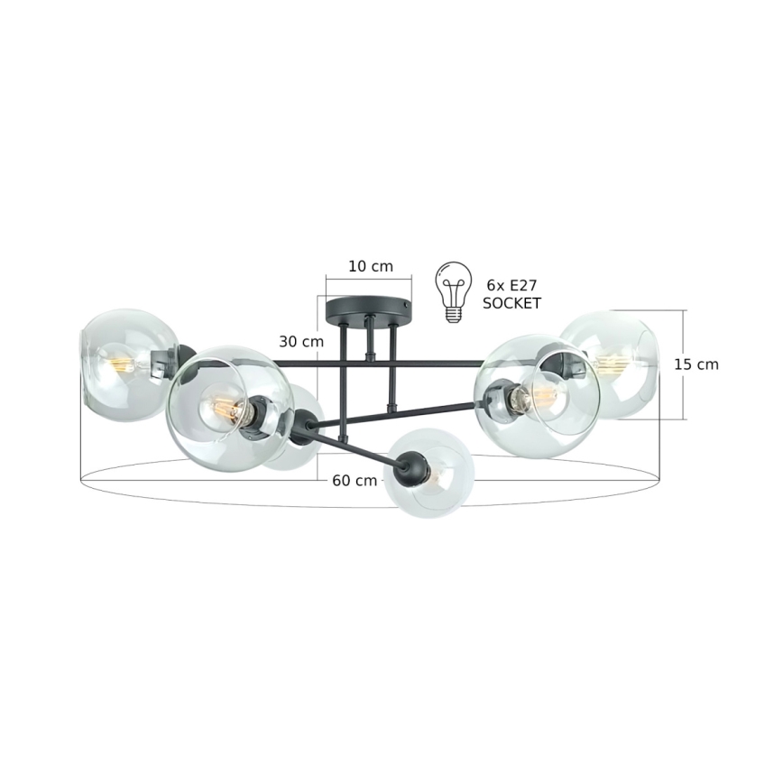 Riippukattokruunu VASCO 6xE27/60W/230V musta/läpinäkyvä