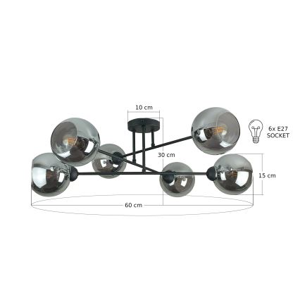 Riippukattokruunu VASCO 6xE27/60W/230V musta/savuinen musta