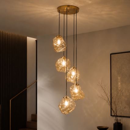 Riippuvalaisin CRISTAL 5xE14/15W/230V messinki/savunvärinen beige