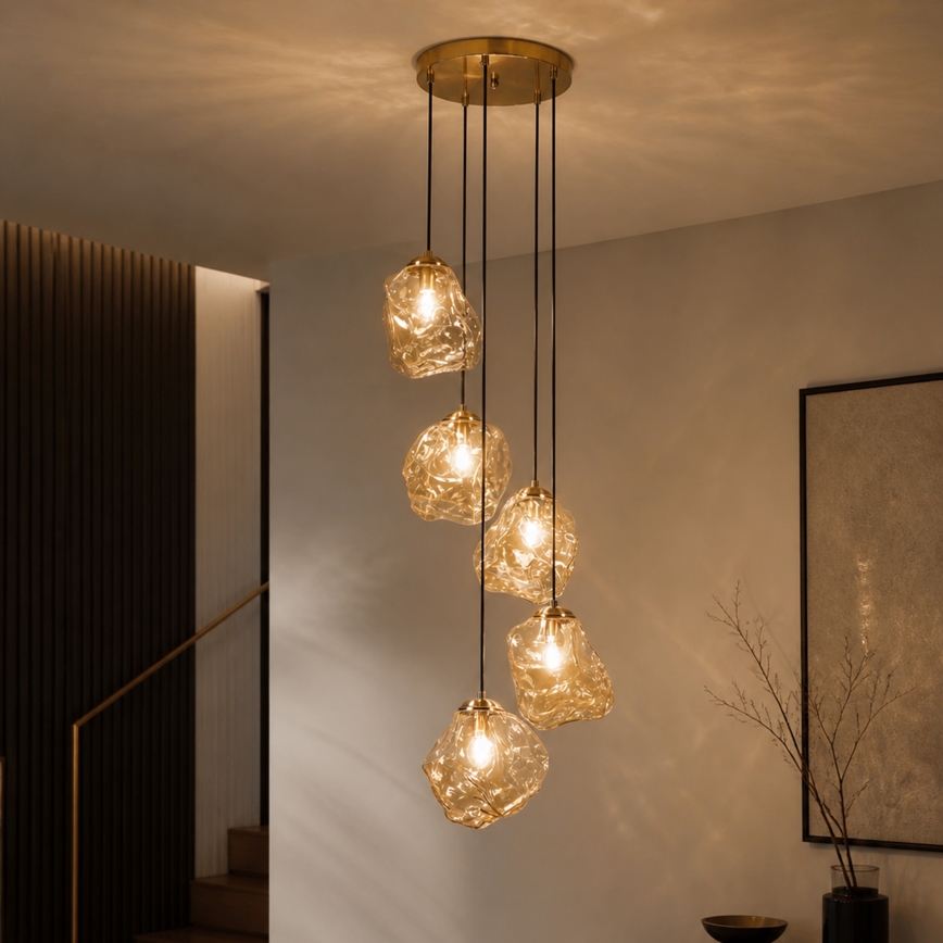 Riippuvalaisin CRISTAL 5xE14/15W/230V messinki/savunvärinen beige