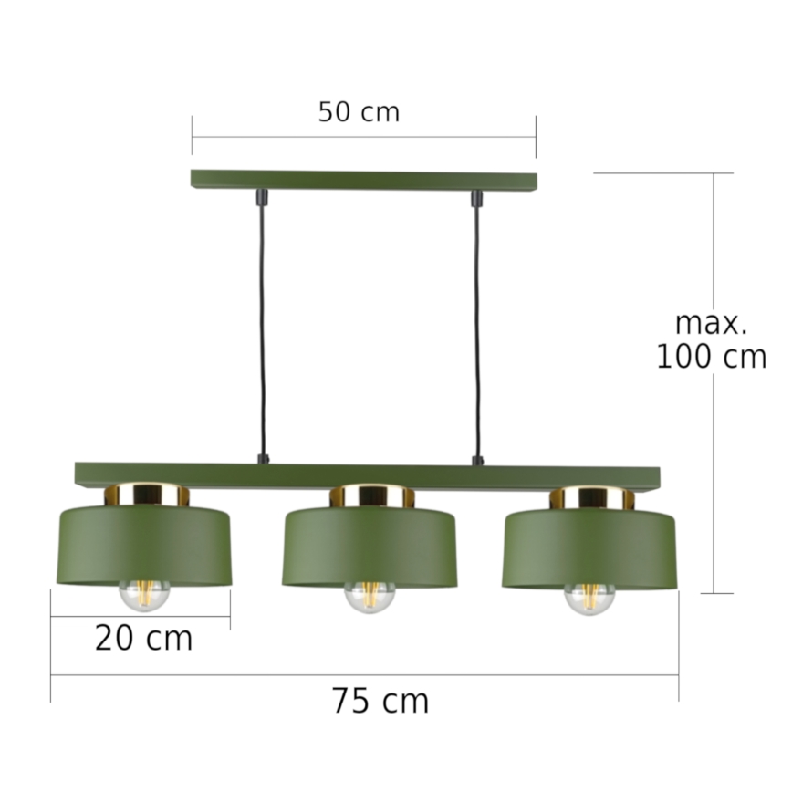 Riippuvalaisin IGNIA 3xE27/60W/230V, vihreä/kulta