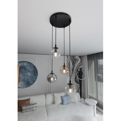 Riippuvalaisin kaapelilla COSMO 4xE14/10W/230V halkaisija 40 cm musta/kirkas/savunharmaa/beige