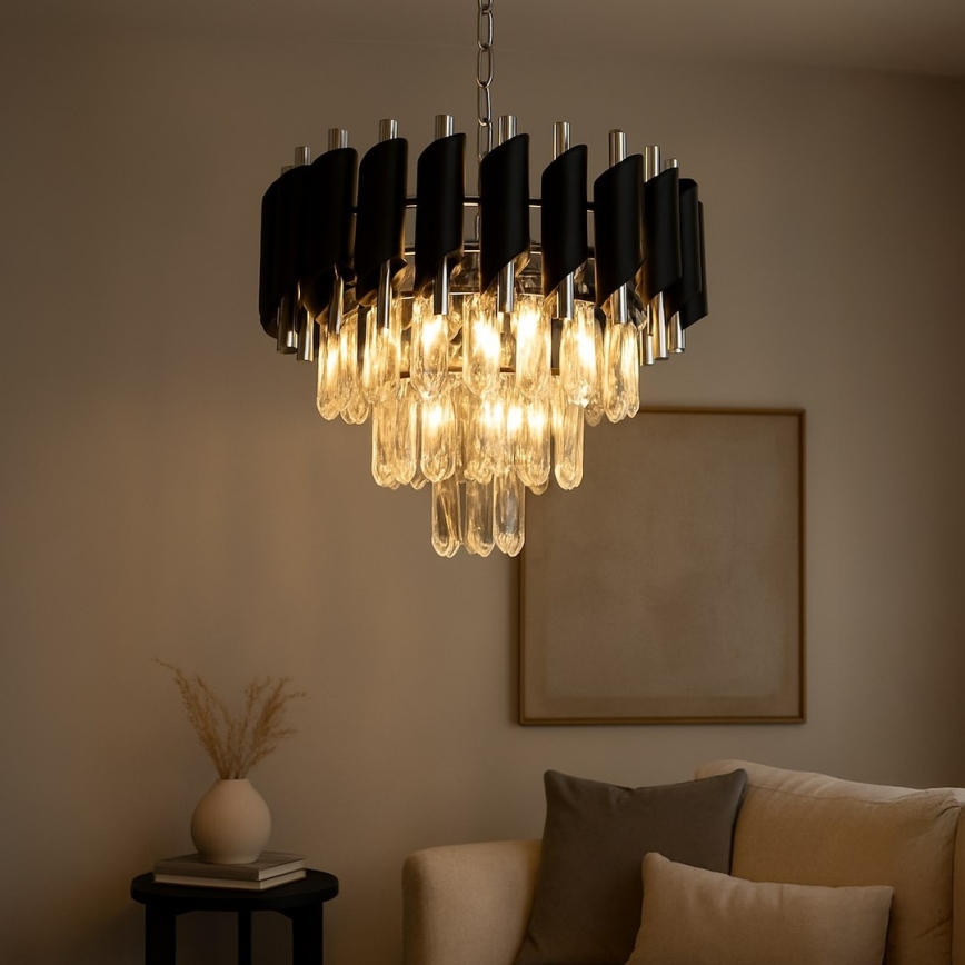 Riippuvalaisin ketjulla CRISTAL 5xE14/10W/230V Ø 38 cm musta/mattakromi