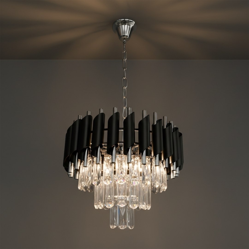 Riippuvalaisin ketjulla CRISTAL 5xE14/10W/230V Ø 38 cm musta/mattakromi
