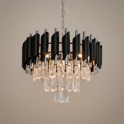 Riippuvalaisin ketjulla CRISTAL 5xE14/10W/230V Ø 38 cm musta/mattakromi