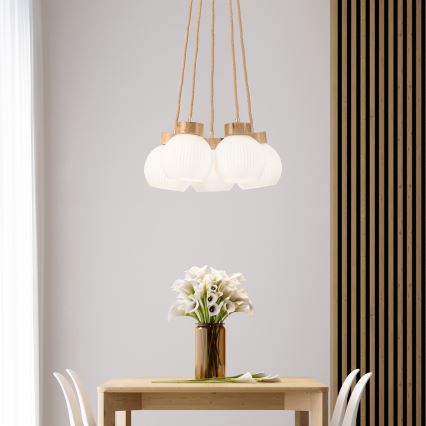 Riippuvalaisin vaijerilla LOOMIS 5xE27/15W/230V 83 cm beige/tammi