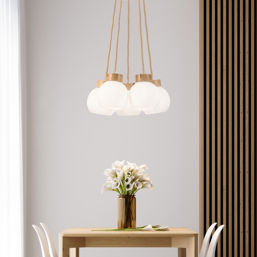Riippuvalaisin vaijerilla LOOMIS 5xE27/15W/230V 83 cm beige/tammi