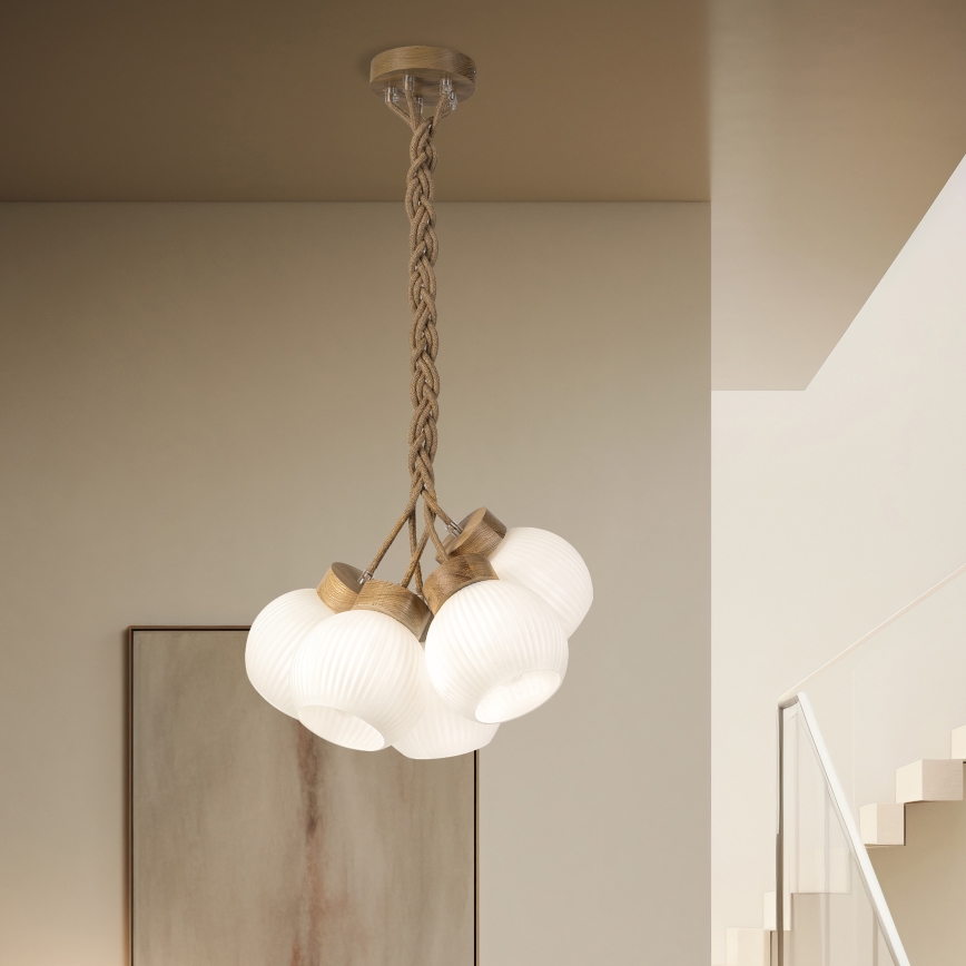 Riippuvalaisin vaijerilla LOOMIS 5xE27/15W/230V 83 cm beige/tammi
