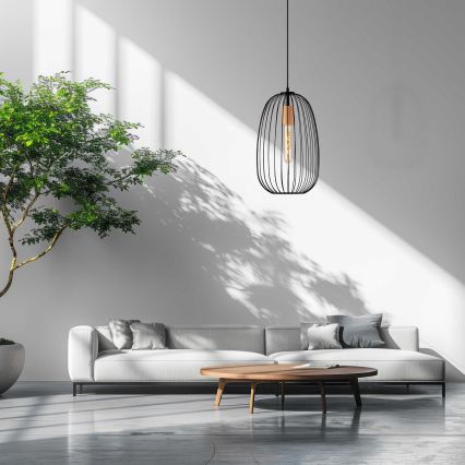 Riippuvalaisin vaijerilla OVELLA 1xE27/15W/230V Ø 25 cm musta/mänty
