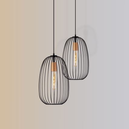 Riippuvalaisin vaijerilla OVELLA 1xE27/15W/230V Ø 25 cm musta/mänty