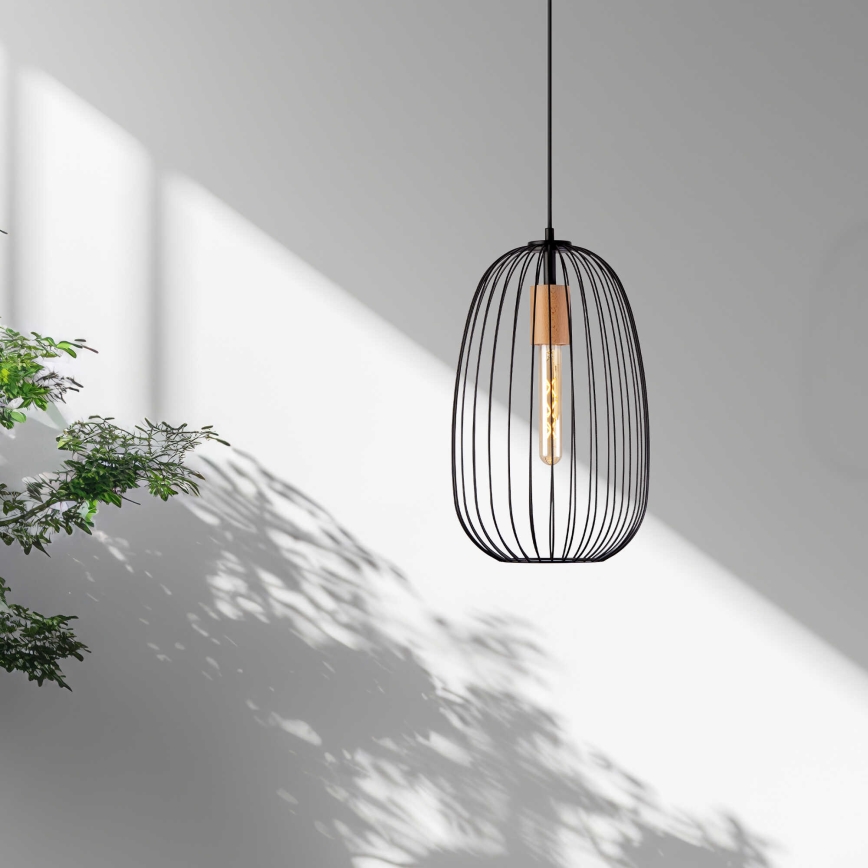 Riippuvalaisin vaijerilla OVELLA 1xE27/15W/230V Ø 25 cm musta/mänty