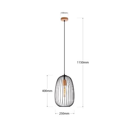 Riippuvalaisin vaijerilla OVELLA 1xE27/15W/230V Ø 25 cm musta/mänty