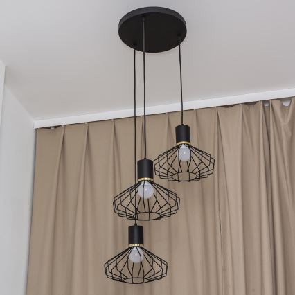 Riippuvalaisin vaijerilla SOLANO 3xE27/15W/230V musta/kulta