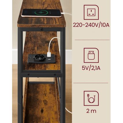 ROD-sivupöytä integroidulla pistorasialla ja USB-porteilla, ruskea/musta