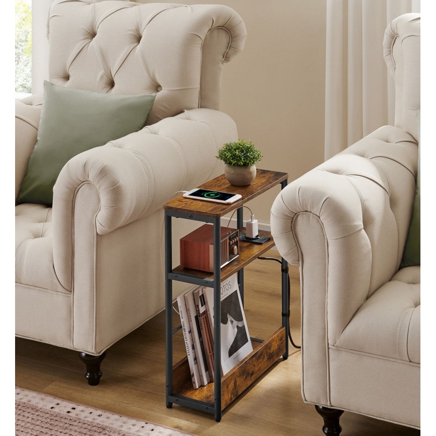 ROD-sivupöytä integroidulla pistorasialla ja USB-porteilla, ruskea/musta