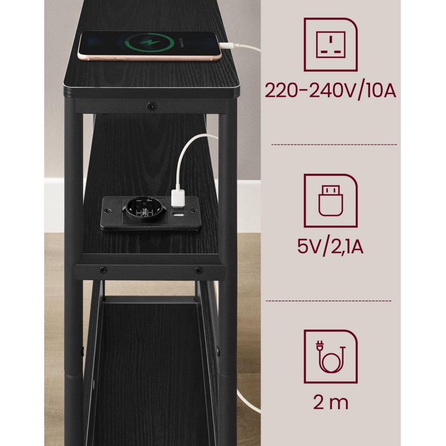 ROD-sivupöytä, jossa on sisäänrakennettu pistorasia ja USB-portit, musta