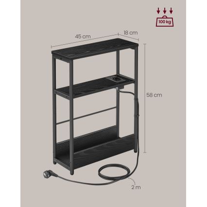 ROD-sivupöytä, jossa on sisäänrakennettu pistorasia ja USB-portit, musta