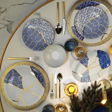 Ruokailusetti 28 kpl valkoinen/kultainen/sininen/posliini