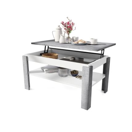 Säädettävä konferenssipöytä nostettavalla kannella ja hyllyllä ADEN harmaa betoni/valkoinen