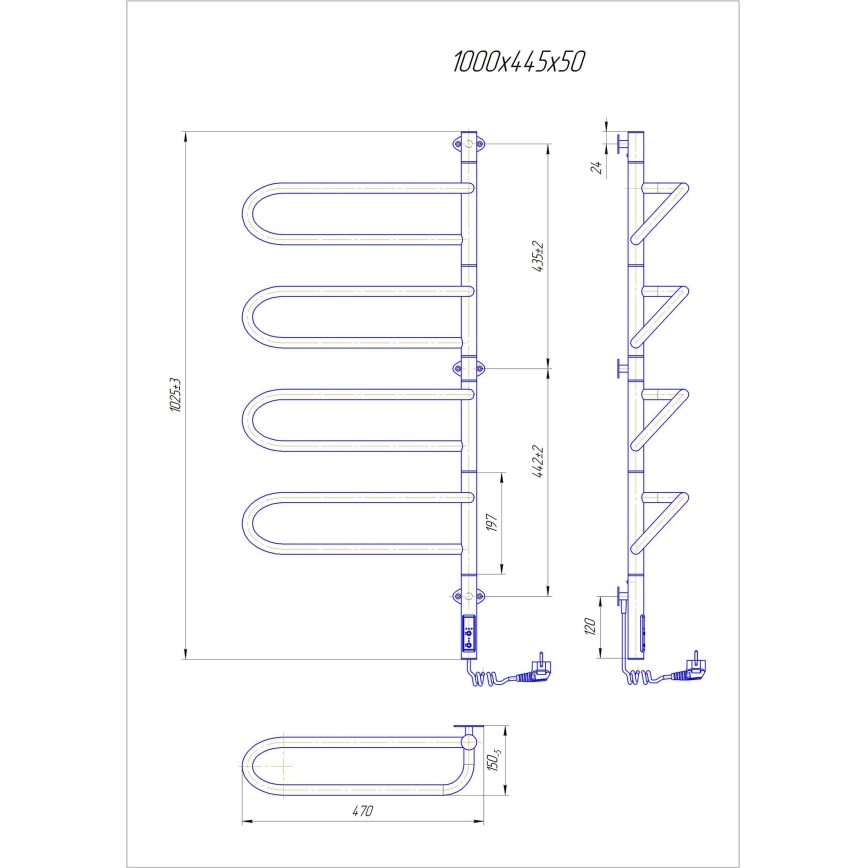 Sähköinen kääntyvä pyyhekuivain ELECTRA 120W/230V 102,5x44,5 cm ruostumaton teräs/kromi oikeanpuoleinen